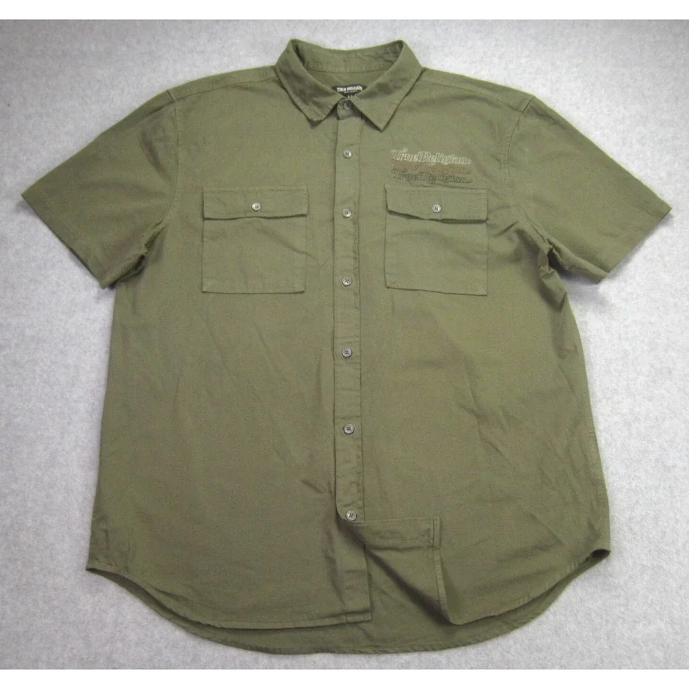 True Religion Shirt Mens L Green Short Sleeve Button Up Triple Needle Pocket